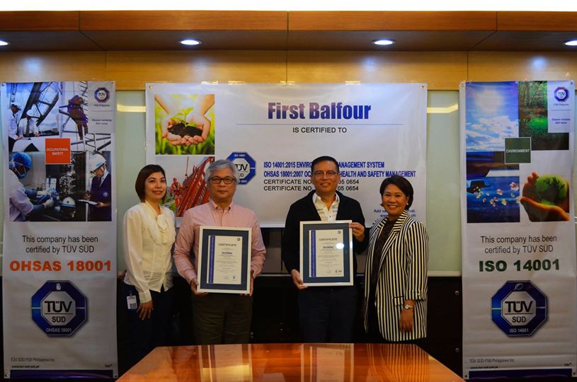 TUV SUD Hands Over ISO 14001 2015 and OHSAS 18001 2007 Certificates to First Balfour