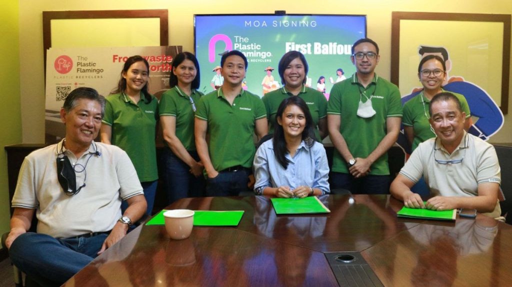 Signing the MOA are (seated, L-R) First Balfour Human Resources Group Head Carlos Pedro Salonga, The PLAF Chief Operating Officer Erica Reyes, and First Balfour Strategic Business Planning and Corporate Communications Head Vicente de Lima II; Also in photo are (standing, L-R) Ana Ordiales and Anchel Cruz (HR-Employee Relations), Jay-R Tactac (Admin), AM Ramos (ESH), Francis de Lara (SBP), and Dolly Ramos (Corp Comm)