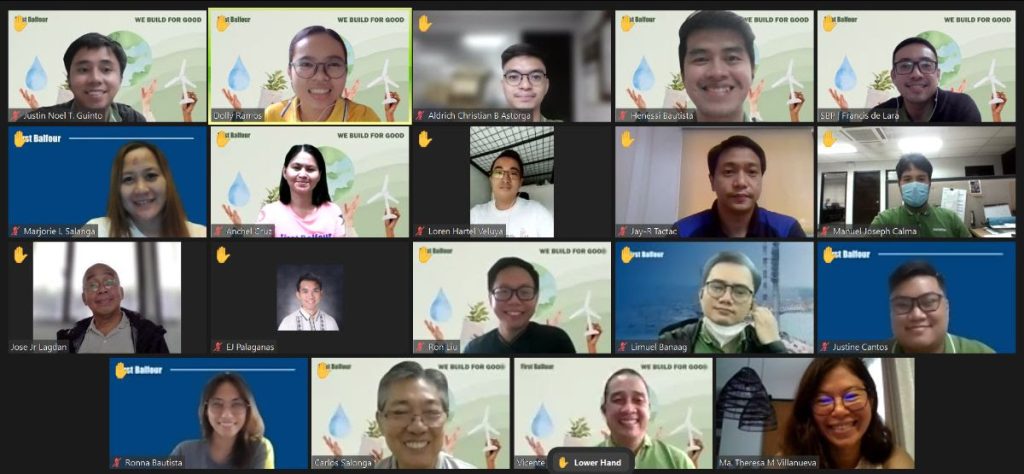 The members did a virtual raising of hands to pledge to spread the gospel of sustainability. In the first TWG Meet & Greet were (top row, L-R): Justin Guinto (SBP), Dolly Ramos (Corp Comm), Aldrich Astorga (Concrete), Hens Bautista (IPD), Francis de Lara (SBP); (second row from top, L-R): Marj Salanga (Finance), Anchel Cruz (HR), Loren Veluya (T1 Rentals), Jay-R Tactac (Admin), Manuel Calma (MPD); (third row from top, L-R): Joey Lagdan (Quality), EJ Palaganas (TSD), Ron Liu (Marketing), Lim Banaag (PBPE), Justine Cantos (Procurement); (bottom row, L-R): Ronna Bautista (HR), Caloy Salonga (HR), Macky de Lima (SBP), Tessa Villanueva (Finance) 