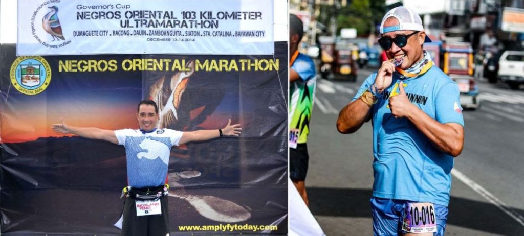 Left: Finished a 103-km ultramarathon in 2014; Right: His most recent 10-km run in Iriga last September 