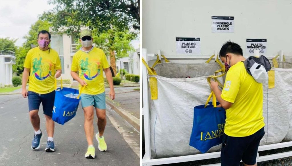 Macky and his son Marcel do plogging (the activity of picking up trash while jogging). The plastics they collected are placed in trash bags at the Head Office set up in partnership with The Plastic Flamingo. 