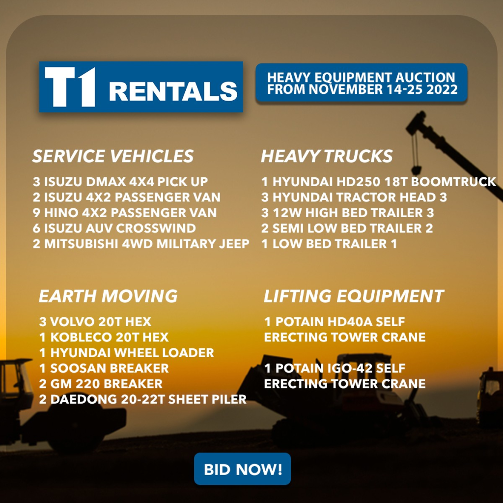 Following a successful heavy equipment auction at the start of the year, T1 Rentals will again be selling more than 40 units of various used heavy equipment in its year-end auction happening on 14-25 November 2022.