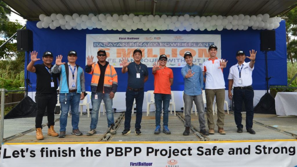 L-R: First Balfour Corporate ESH Manager Francis Cabanay, First Balfour PBPP Project Manager Jun Maninang, EDc Safety Manager Michael Garcia, First Balfour Head of Energy Sector Nelson Cartagena, EDC Deputy Chief Operating Officer Jerome Cainglet, EDC Business Development Head Marvin Bailon, EDC PBPP Project Anthony Witkowski, and First Balfour Tanawon PM Homer Pacia 