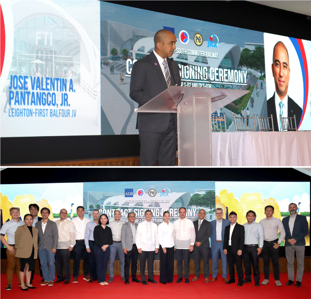 Top: First Balfour Deputy COO Jose Valentin A. Pantangco, Jr. delivers a speech on behalf of the JV. Bottom: LFBJV delegation who joined the post-program at the Philippine Columbian Association 