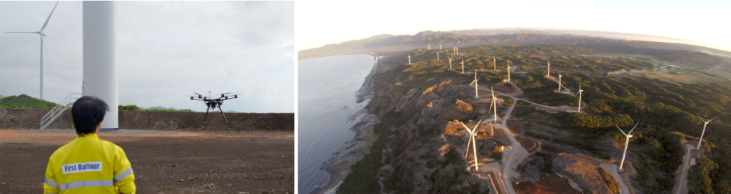  A 3.7-kilogram octocopter, DJI S800 EVO, was First Balfour’s very first drone (left) shown here taking off to take aerial shots of the Burgos Wind Farm (right) in 2014 