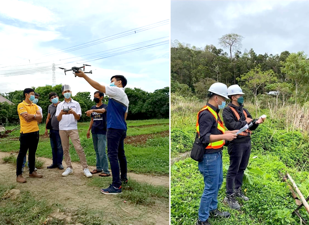 McCoy (left; in yellow) was among the five trainees sent for the drone operator training in July 2021. In January 2022, he was able to use his drone flight skills in an aerial inspection of a site in Negros Oriental.