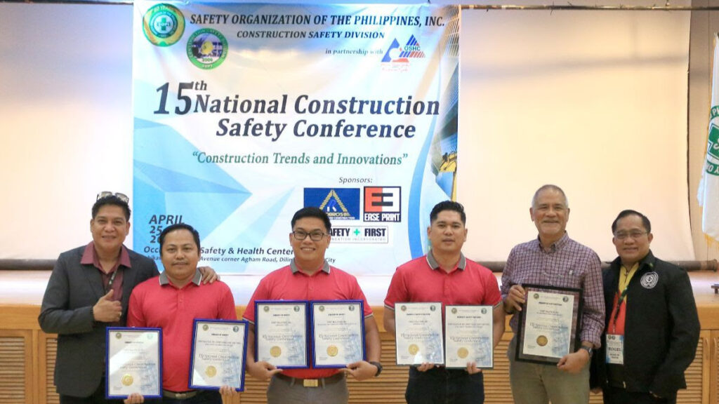 SOPI Construction Division Director-in-charge Engr. Ricardo Salanda, Jr.; First Balfour Safety Officers Rian Con-ui, Vince Peralta, and Ralph Lee; First Balfour ESH Department Head Joselito Vicente; SOPI Board of Trustees Engr. Rogelio Fornal