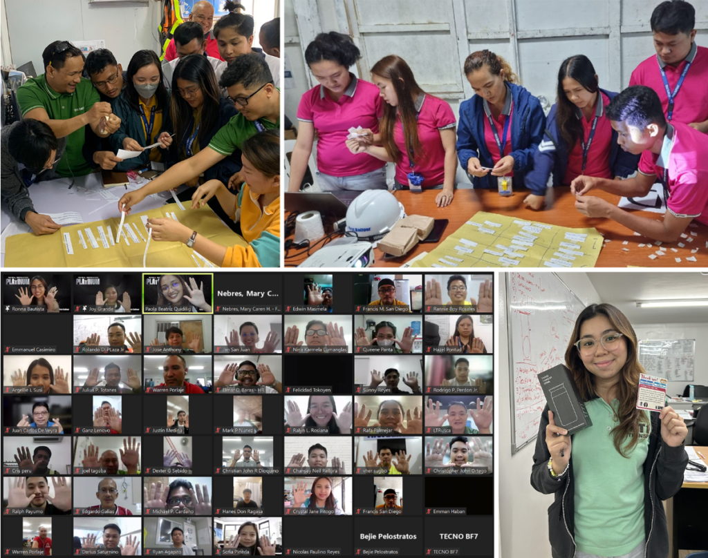 Project management teams from Polaris (top left) and MAGBU (top right) join the activities during their respective projects’ IIP roadshows; Some cascades were also done online (bottom left) while contest winners and active campaign participants are given Push for Platinum-branded items (bottom right)